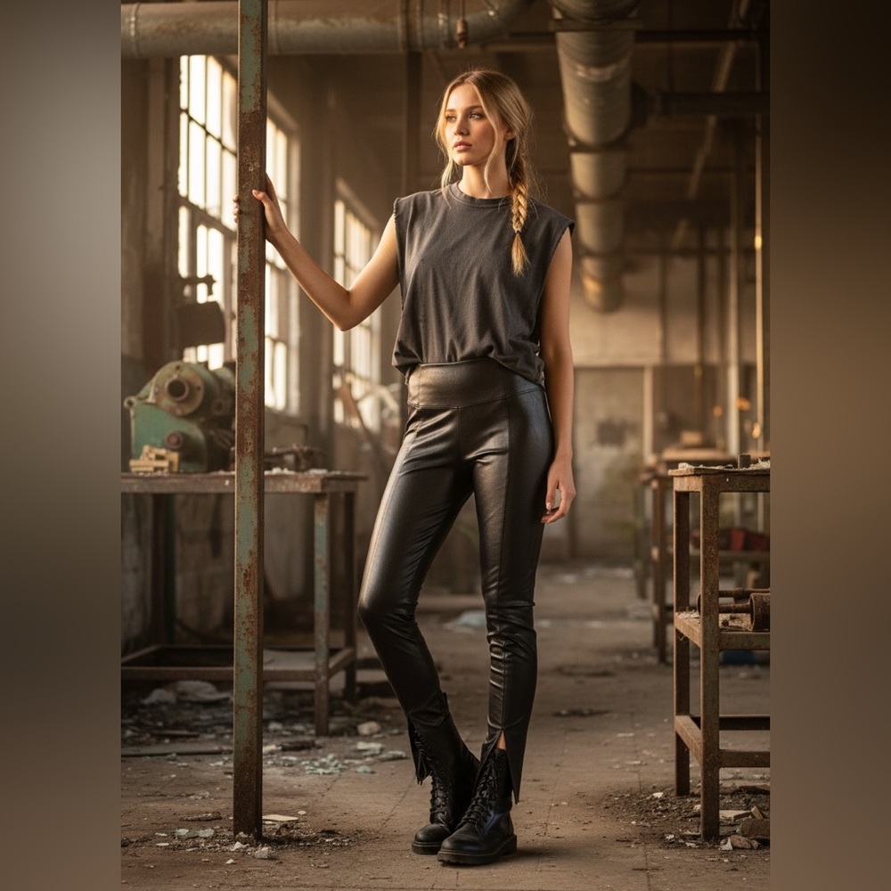 SPANX Faux Leather Slit Hem Pull‎ On Pants XSP Black